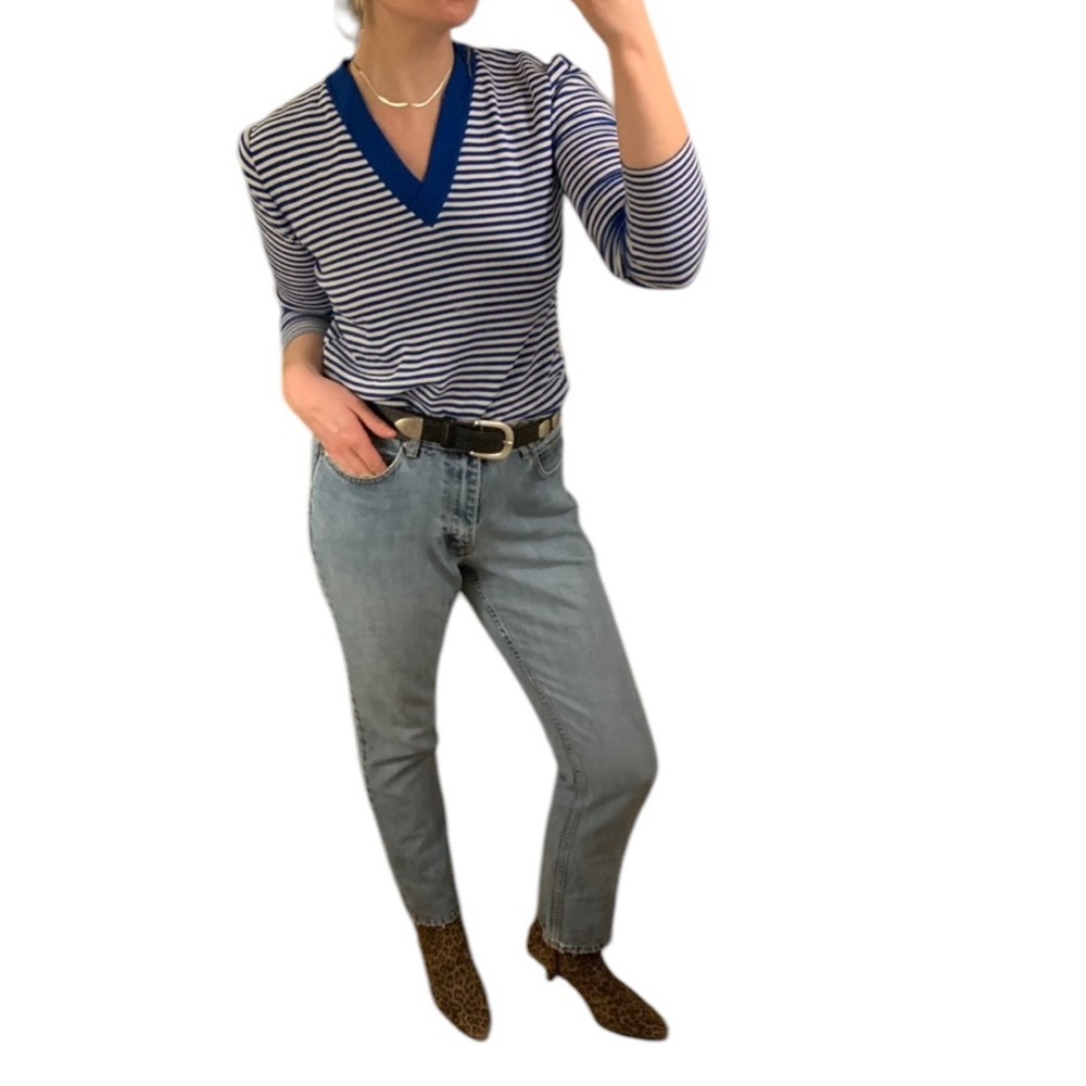 VTG Blue White Stripe V Neck Knit Pullover Sweater Jumper Academia Prep XS S M - Picture 6 of 16